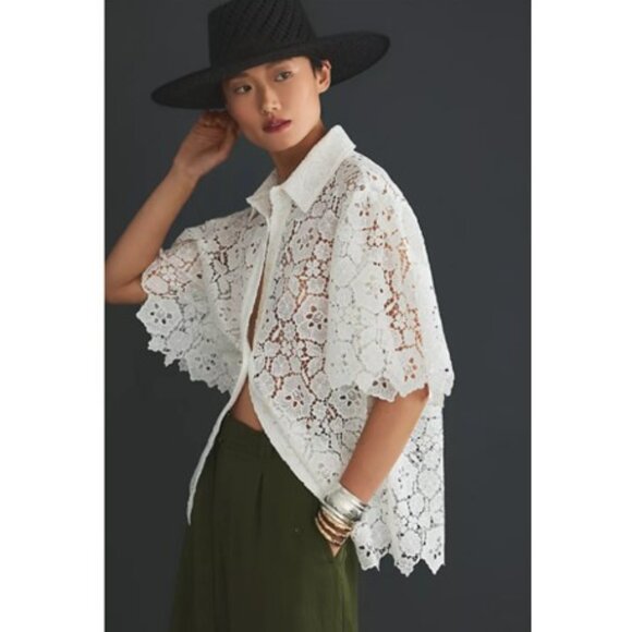 NWT-Anthropologie-Maeve-Cutout Lace Short Sleeve Shirt - White - XL - Picture 4 of 11